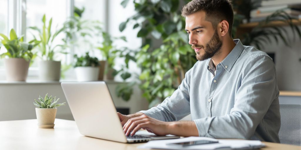 Earn money online - Freelancer working on laptop in bright office environment.